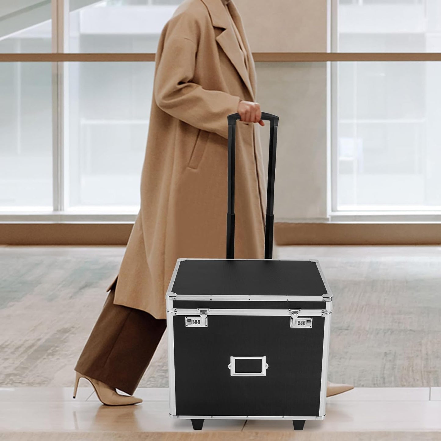 Portable Locking File Storage Box, Aluminum Alloy File Lock Box with Telescopic Handle, Mobile Busniness Case, File Cabinet for Office Home,Offices, Hospitals, Banks, 19.2x 15x 16 inches, Black