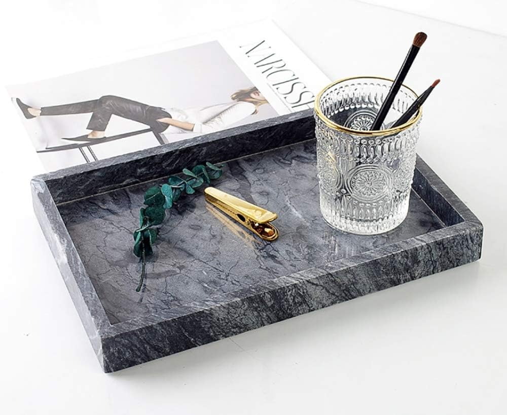 Black Marble Tray, Stone Bathroom Tray, Decorative Holder for Tissrue, Candle, Soap, Towel, Plant (Black - 12 x 8)