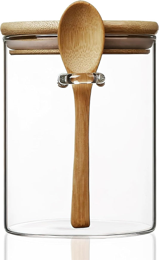 15 oz/450 ml Glass Storage Canister with with Airtight Lid, Cute Clear Decorative Container Jar with Wooden Spoon for Coffee Spice Candy Salt Cookie Condiment Sugar Matcha Tea Overnight Oats