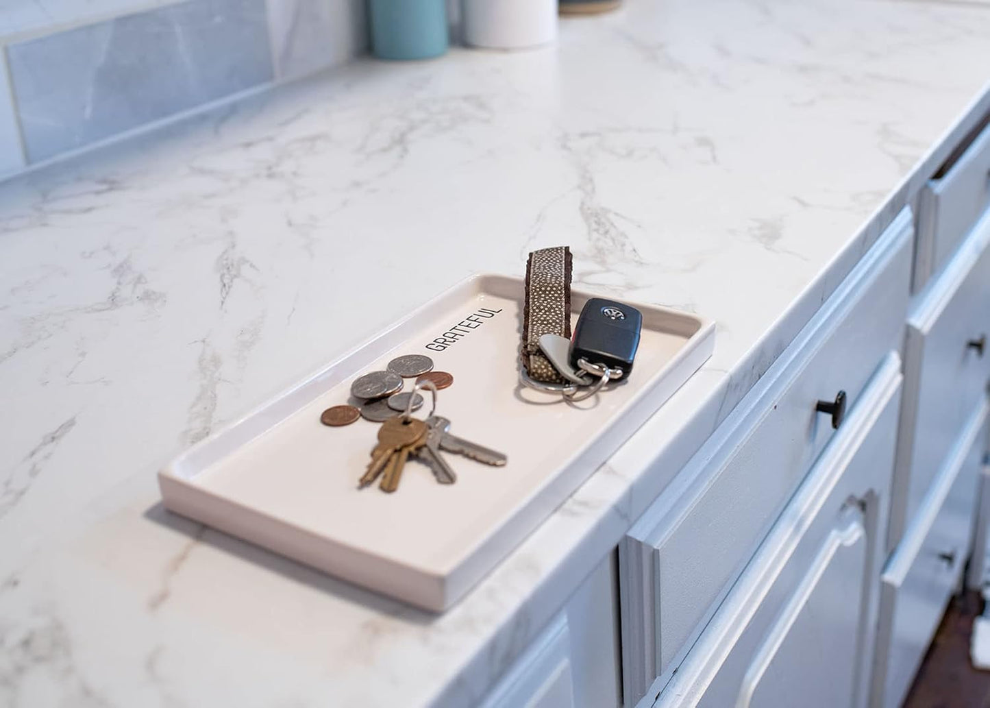 NAT & Jules Grateful 10 x 6 Ceramic Stoneware Vanity Tray - Perfect Bathroom or Kitchen Counter Organization Décor: Sponge Holder, Soap Dish, Jewelry and Perfume Tray, Grateful Cream