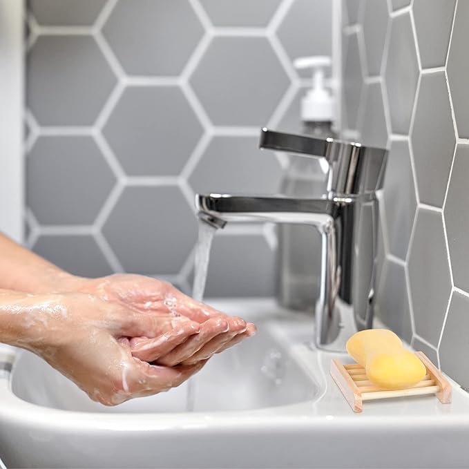 Amyhill 100 Pcs Bamboo Wood Soap Dish Bulk Bathroom Wooden Soap Holder Savers Self Draining Dishes Handcraft Tray, 3.3 x 3.3 x 0.67 Inch (Wood Color)