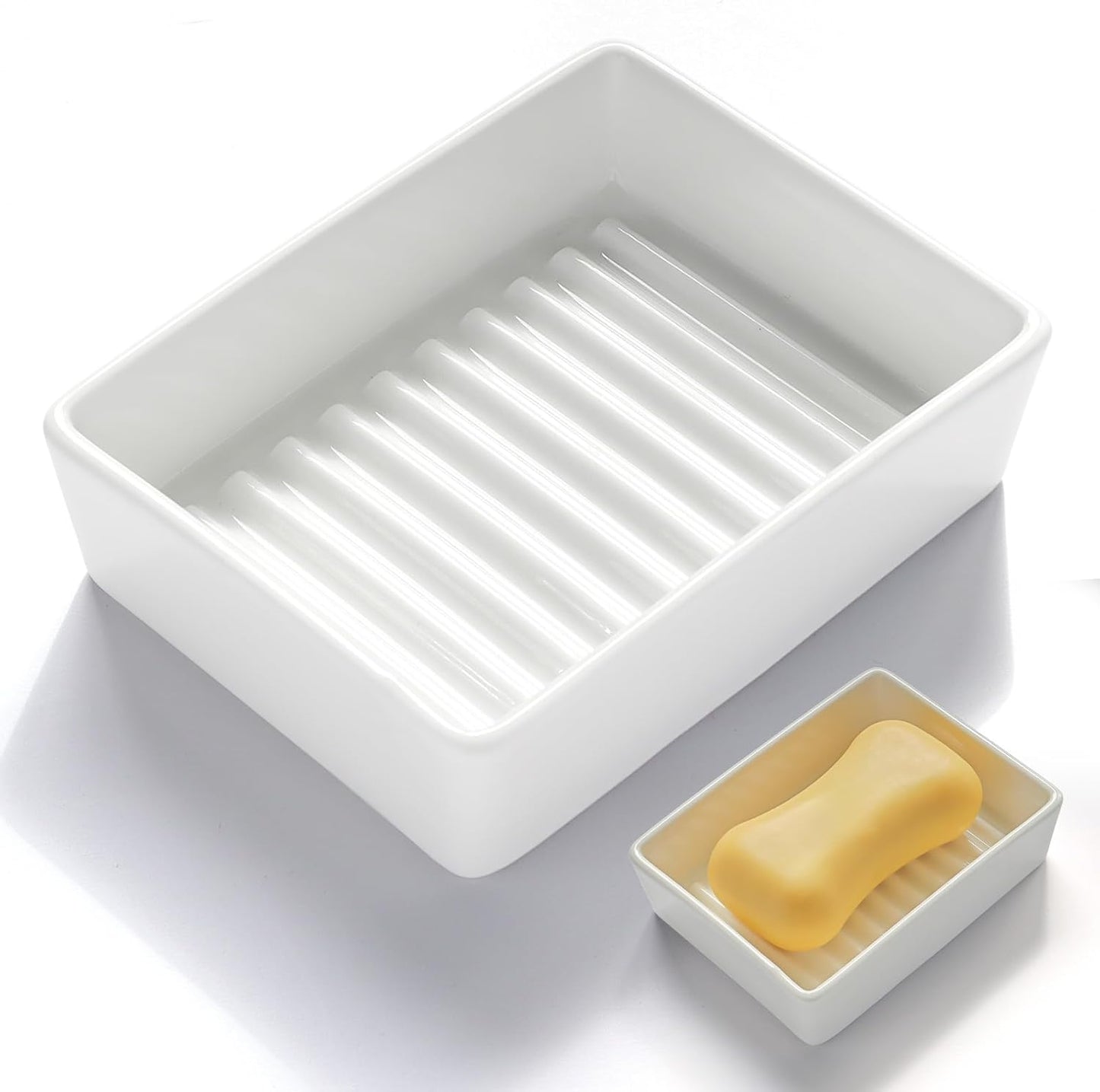 Minimalist Ceramic Soap Dish, White Soap Dish with Higher Draining Ridges, Decorative Soap Holder, Multi-Purpose Bar Soap Holder for Bathroom Sink, Shower, Kitchen, Easy to Clean