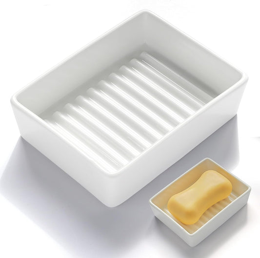 Minimalist Ceramic Soap Dish, White Soap Dish with Higher Draining Ridges, Decorative Soap Holder, Multi-Purpose Bar Soap Holder for Bathroom Sink, Shower, Kitchen, Easy to Clean