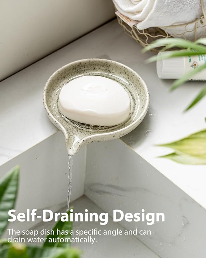 Soap Dish with Self-Draining Design, Ceramic Soap Holder with Drain Spout Soap Tray for Shower, Bathroom and Kitchen Sink, Keep Bar Soap Dry, Speckled Glaze