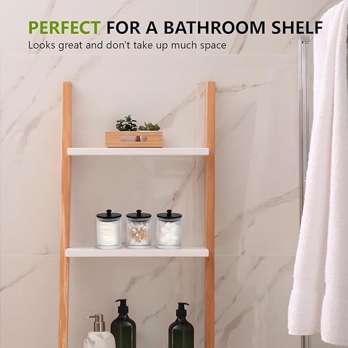 3 Pack Qtip Holder - Bathroom Organizers and Storage, Cotton Round Holder Floss Pick Cotton Ball Swab Holder with Tray, Glass Apothecary Jars with Lids Container Set -sw clear b