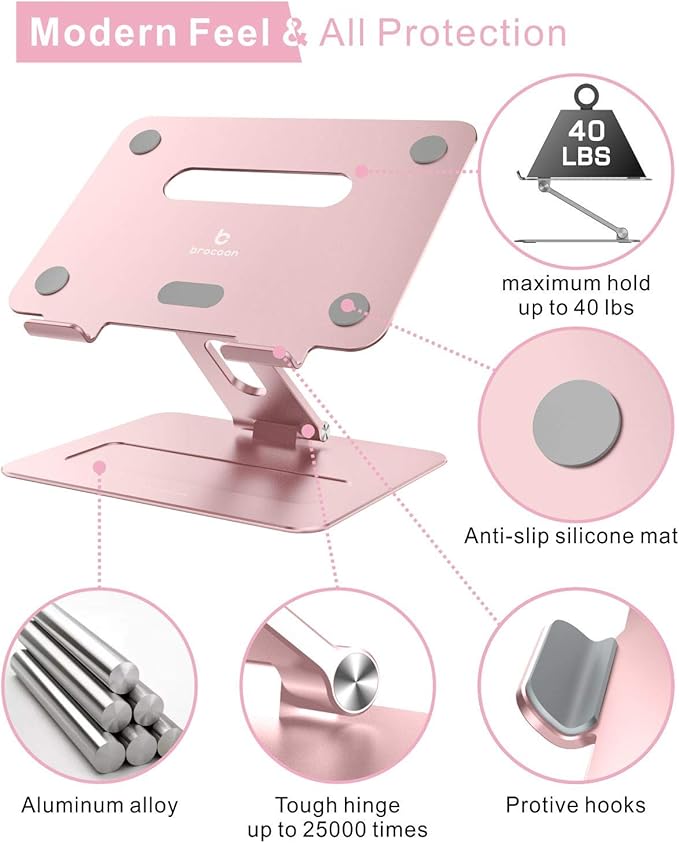 Adjustable MacBook Pink Laptop Stand for Desk | Ergonomic Aluminum Laptop Riser with Heat-Vent, Compatible for 10-17" Laptops, Rose Gold