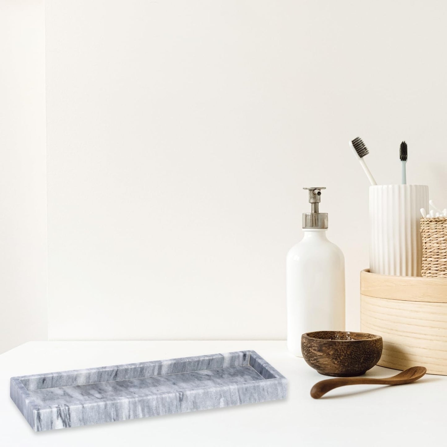 Bey-Berk Marble Bathroom Tray 14.25" x 4" x 1" (LxWxH) Polished Marble Tray for Bath, Kitchen and Bedroom, Stone Vanity Tray for Organization and Display, Handcrafted - Grey