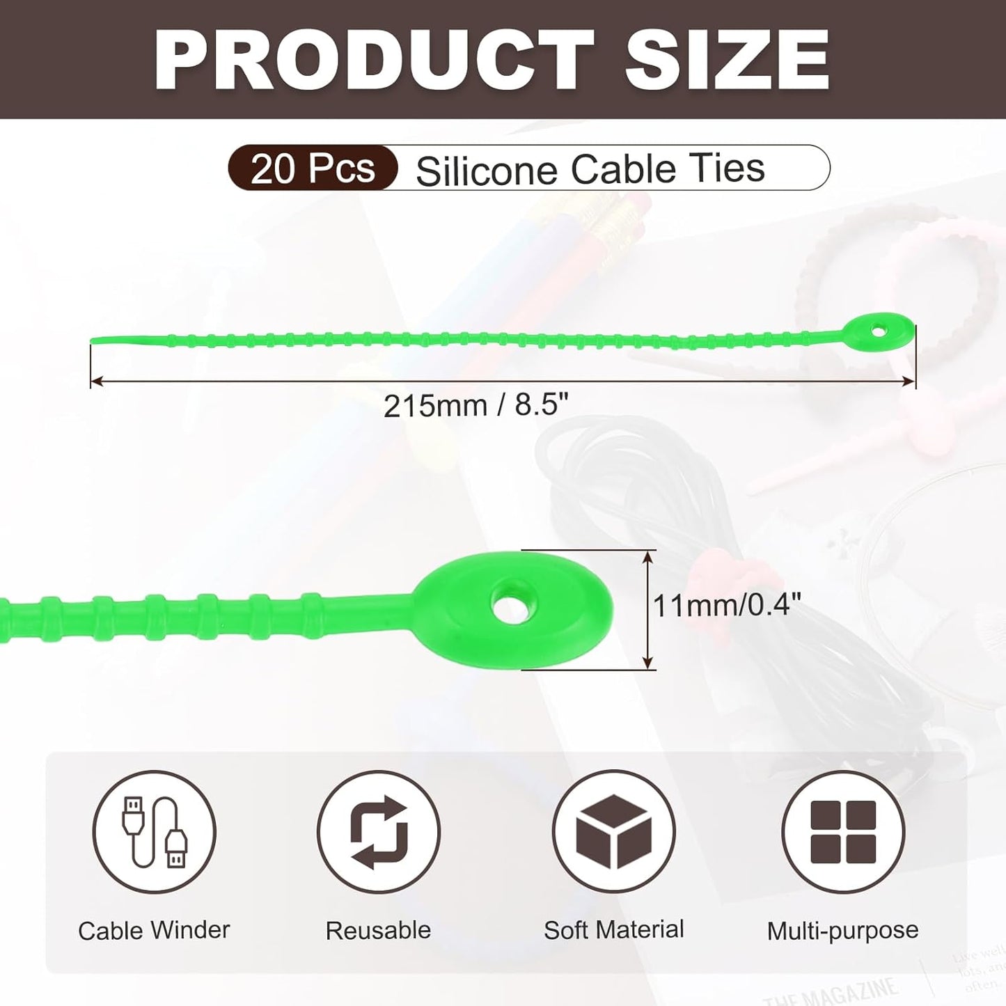 uxcell 20 Pcs Silicone Ties Bag Clip, 8.5 Inch Multi Purpose Silicone Zip Ties Reusable Rubber Zip Tie, Cable Strap Cord Organizer for Home Office Food Bag Wires Cables, Grass Green