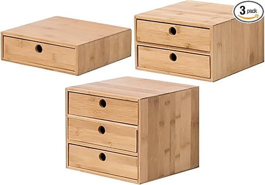 Set of 3 Bamboo Organizer Desktop Drawers - 1, 2, 3 Drawer Storage Organizer Ideal for Desk Accessories, Office Supplies, Makeup Storage & More - Tabletop Wood Box Stackable Drawers