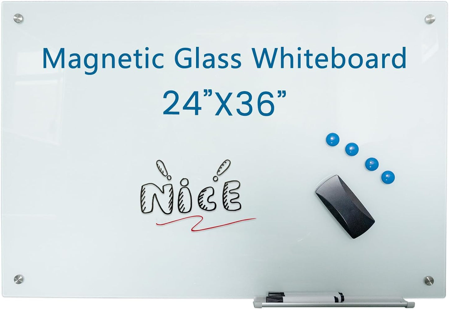 Glass Whiteboard 36"X24" Magnetic Dry Erase Board Frameless Wall Mounted White Board WritingBoard for Office School Home Accessory Tray, 3 Dry Erase Marker,4 Glass Board Magnets and 1 Magnetic Eraser