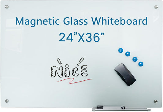 Glass Whiteboard 36"X24" Magnetic Dry Erase Board Frameless Wall Mounted White Board WritingBoard for Office School Home Accessory Tray, 3 Dry Erase Marker,4 Glass Board Magnets and 1 Magnetic Eraser