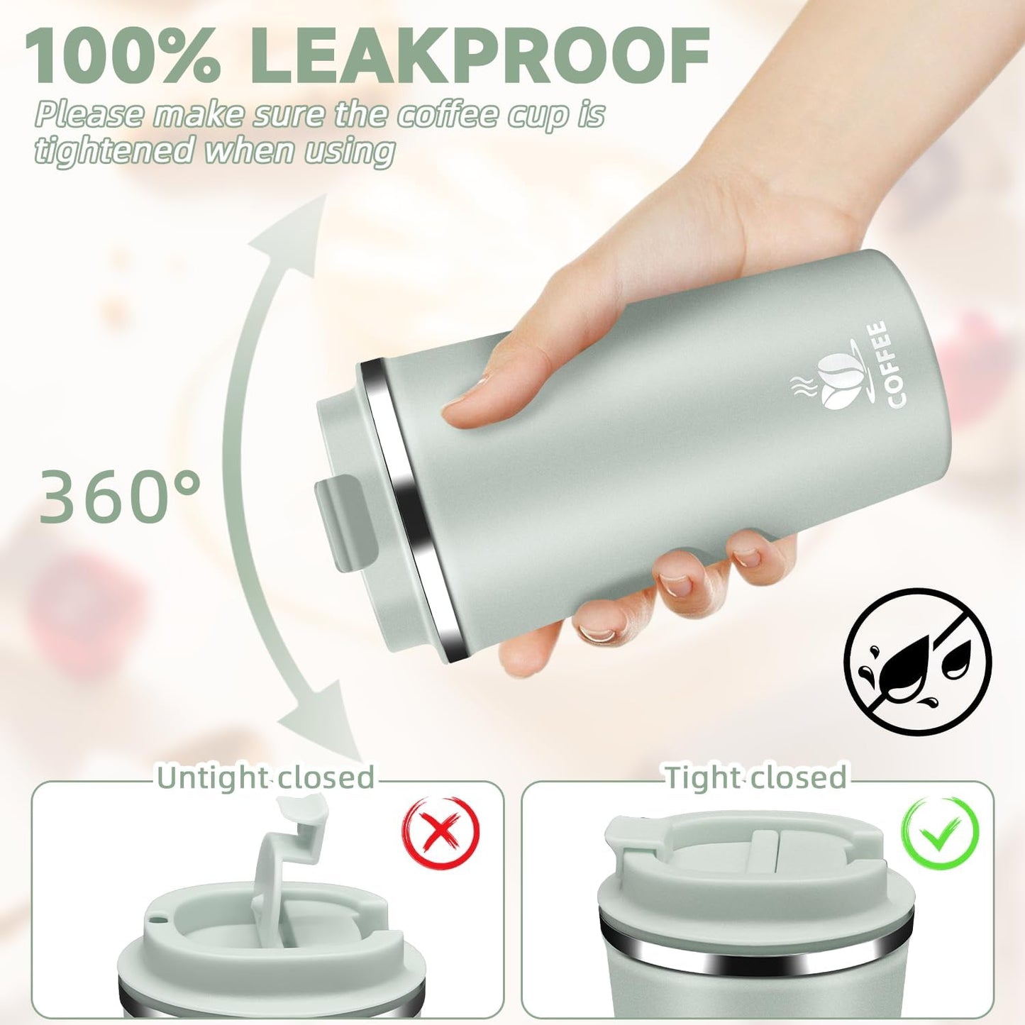 Insulated Travel Coffee Mug Reusable Coffee Tumbler Cup with Flip Lid Leak Proof Spill Proof for Office School Party Camping Hot and Cold Drink,Stainless Steel 17oz (Agave Green)