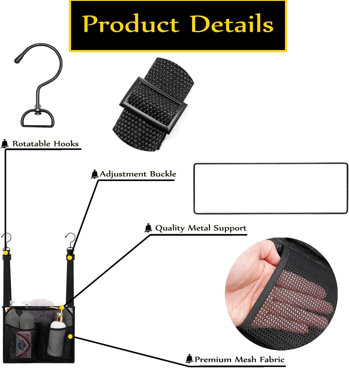 ALYER Mesh Shower Caddy, Bath Organizer with Adjustable Hanging Straps, Multipurpose Storage Bag for College,Camp,RV, Travel and Gym (Black)