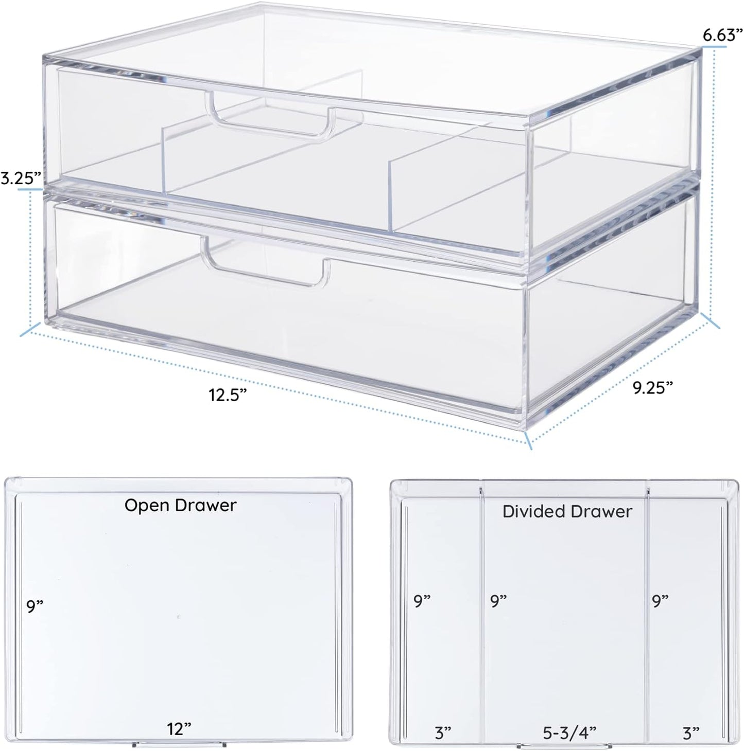 STORi STAX Plastic Stackable Organizer Drawers (Set of 2) Clear | 12.5" Wide | Set Includes One Open Drawer & One Divided Drawer | Organize Office Desk Accessories & Sort Paper | Made in USA