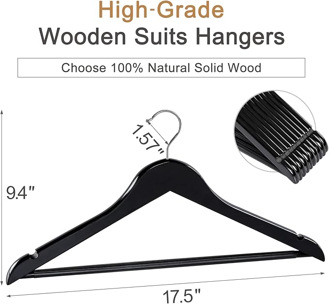 TOPIA HANGER Wooden Hangers 20 Pack, Black Wood Coat Hangers for Closet with Non-Slip Pants Bar, 360° Swivel Hook and Shoulder Notches for Camisole, Suit, Jacket, Pants-CT34B20