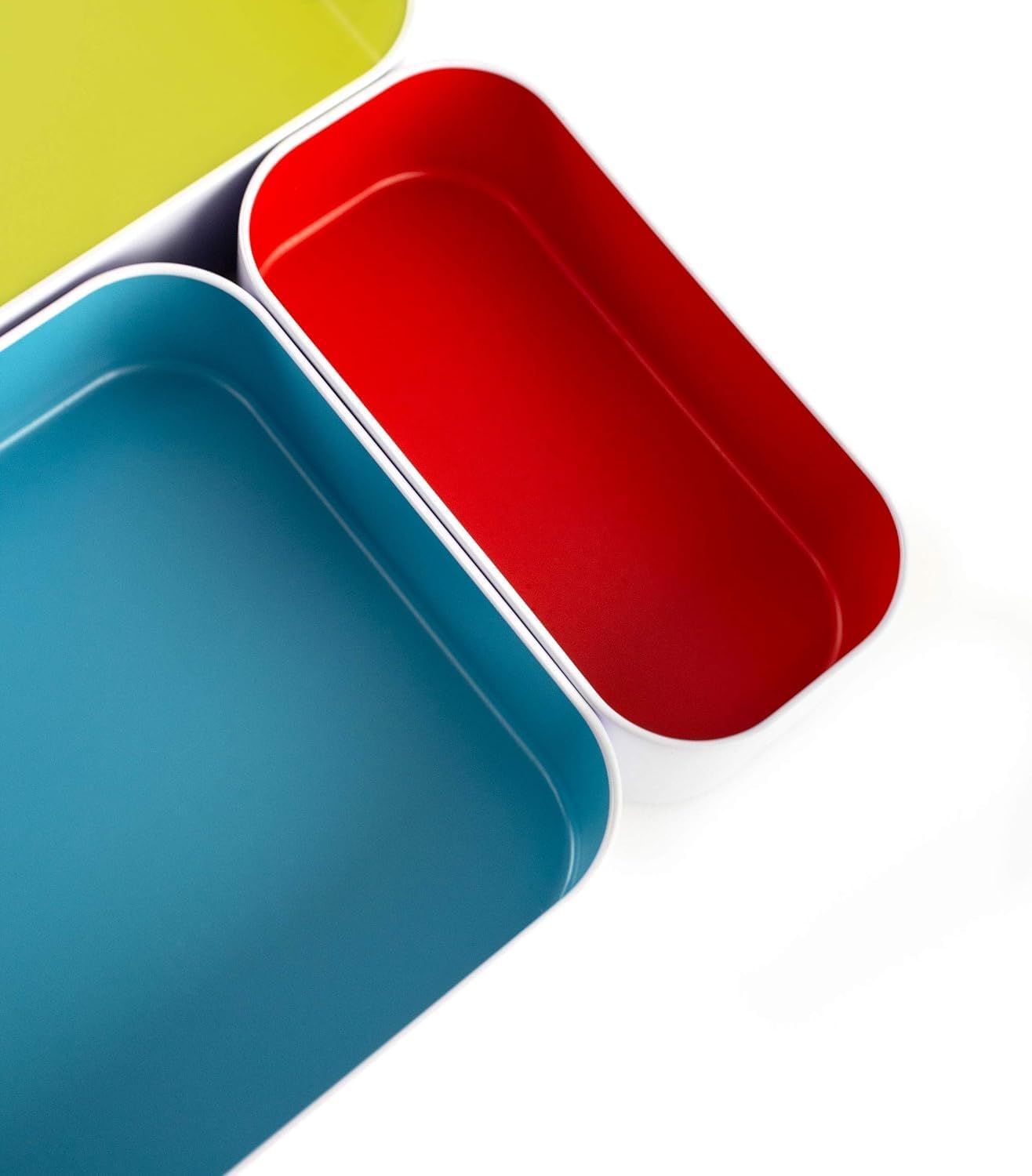 Three by Three Seattle 5 Piece Metal Organizer Tray Set for Storing Makeup, Stationery, Utensils, and More in Office Desk, Kitchen and Bathroom Drawers (2 Inch, Assorted Colors)