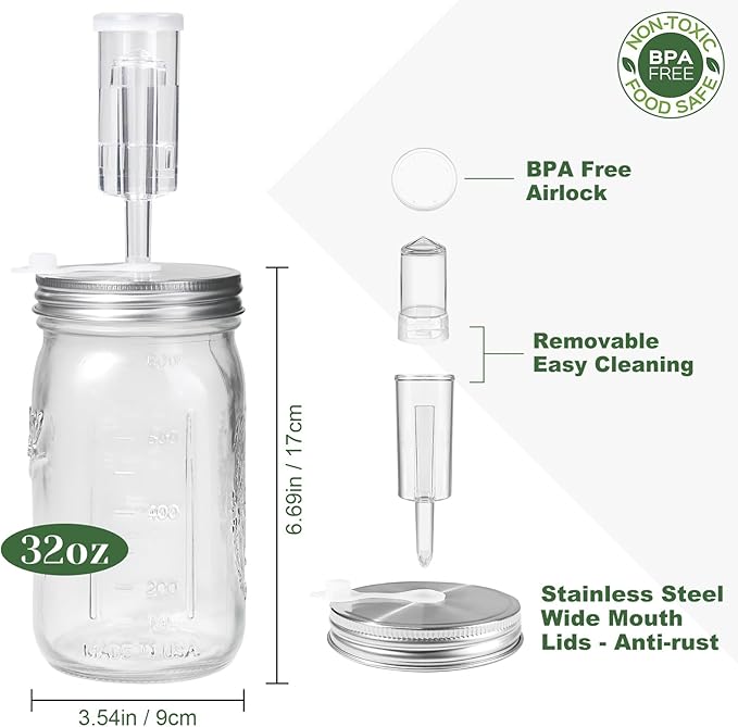 2 Pack Fermentation Jar Kit,32 oz Mason Jar Fermentation Kit with Fermenting Weights and Airlocks,Wide Mouth Mason Jar for Pickling, Canning and Sauce