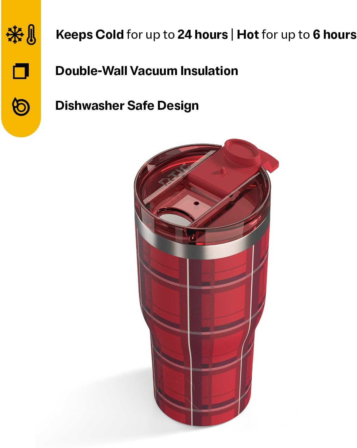 RTIC 20oz Essential Tumbler with Lid, Ceramic Lined, Insulated, Stainless Steel, Metal, Double Wall Vacuum-Insulation, Travel Cup for Iced Coffee, Tea, Hot and Cold Drink, Red Plaid