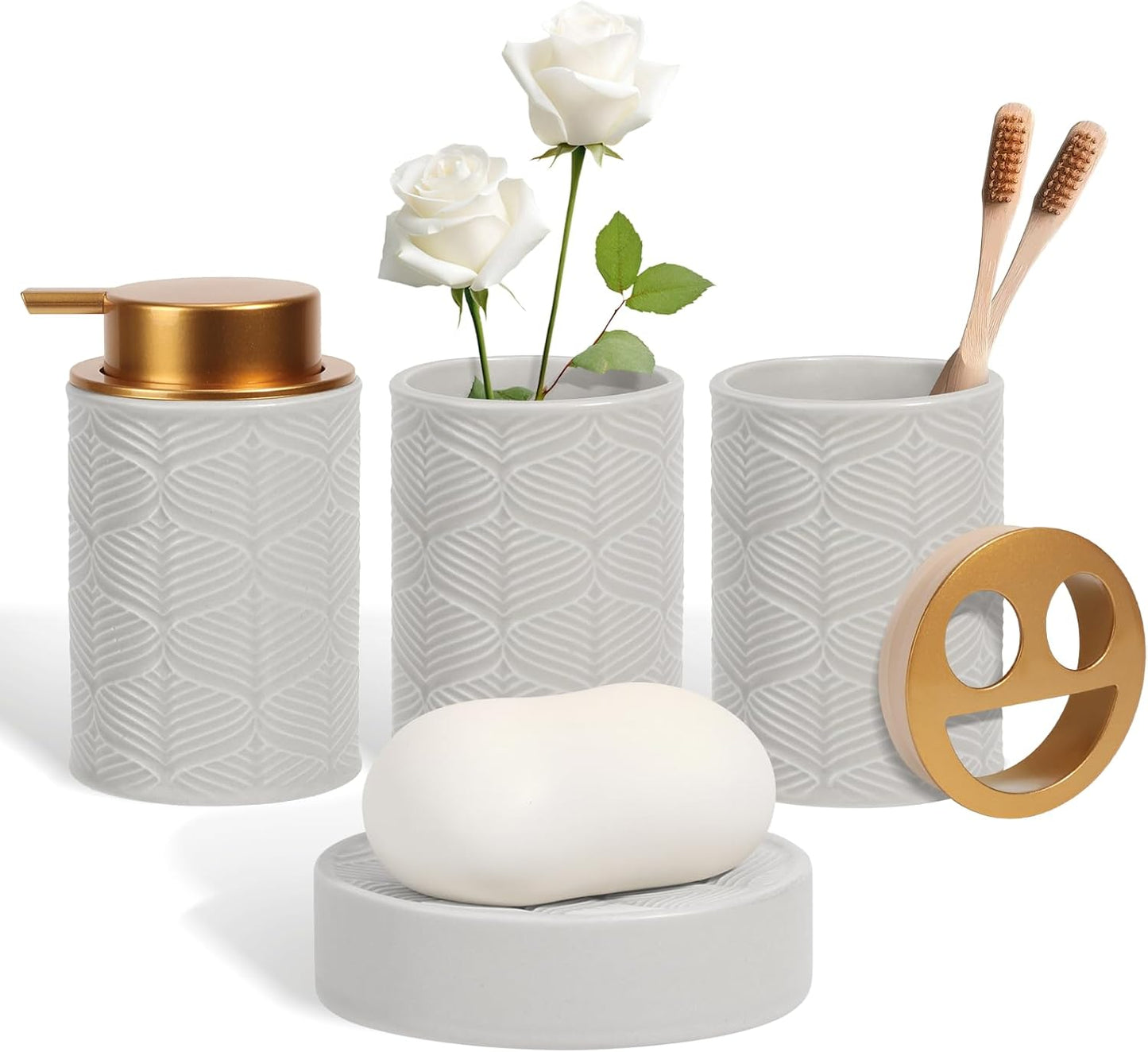 Ceramic Bathroom Accessories Set, 4 Pcs-Includes Lotion Soap Dispenser, Toothbrush Holder, Vanity Tray, and Tumbler, Modern Bathroom Decor Organizer with Soap Dish, Apothecary Jar, Grey Color