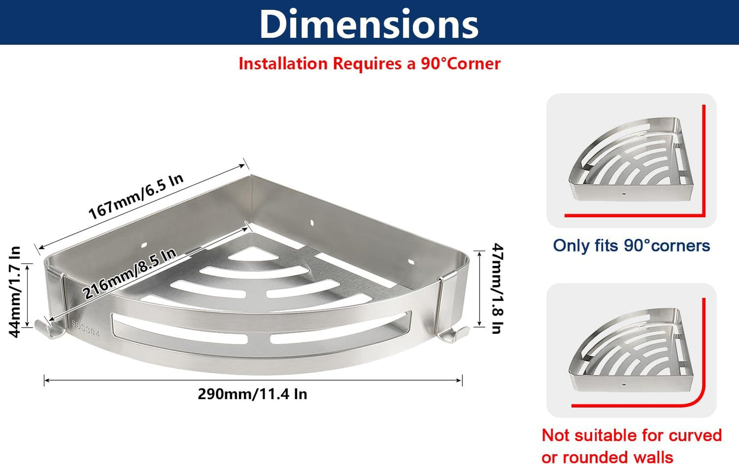 NearMoon Bathroom Shower Caddy 2 Pack, No Drill 304 Stainless Steel Shower Organizer with 2 Hooks (Corner Shelf, Brushed Nickel)