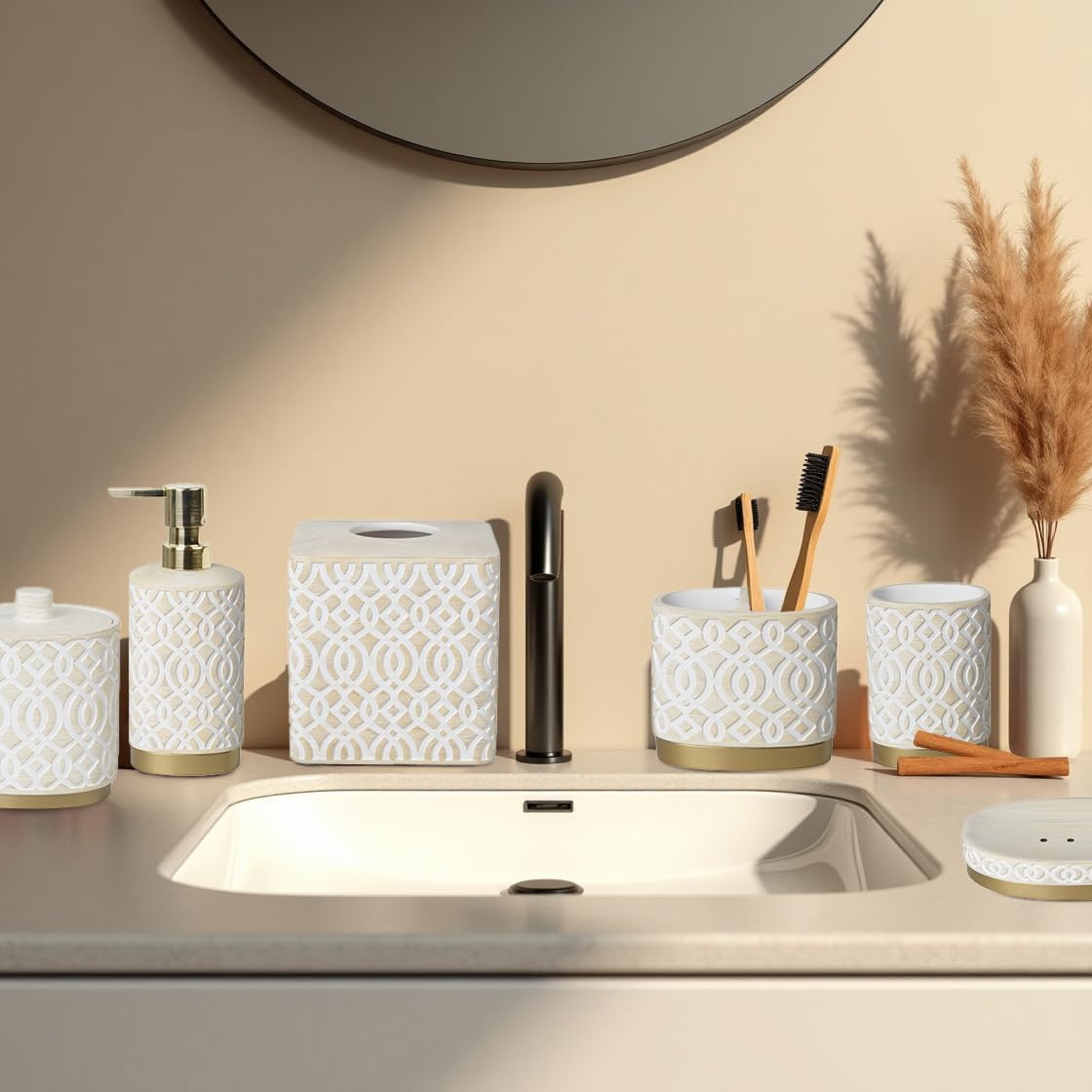 6-Piece Bathroom Accessories Set – Soap Dispenser, Toothbrush Holder, Tumbler, Soap Dish, Cotton Swab Jar & Toilet Brush – Modern Bathroom Decor Set (Solana)