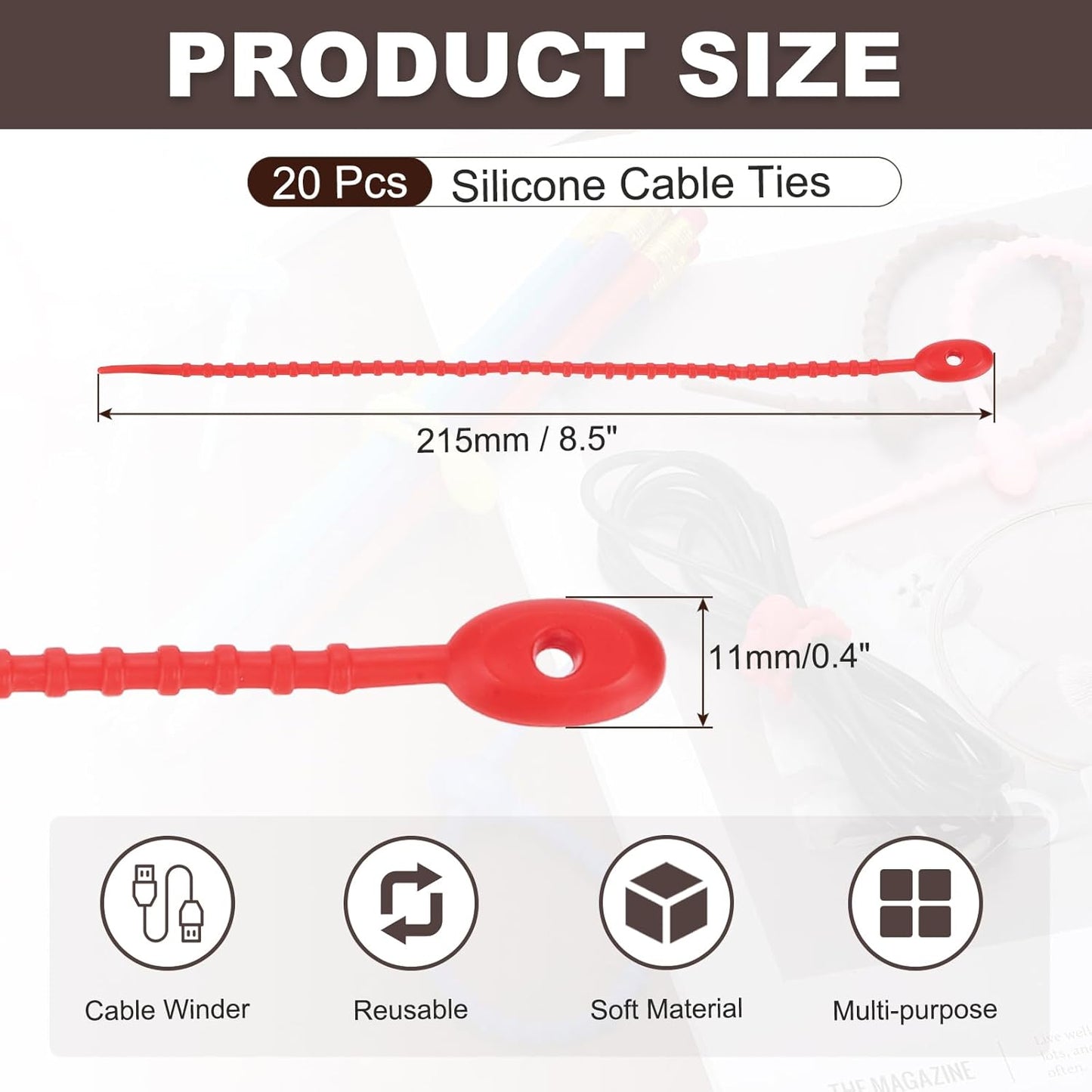uxcell 20 Pcs Silicone Ties Bag Clip, 8.5 Inch Multi Purpose Silicone Zip Ties Reusable Rubber Zip Tie, Cable Strap Cord Organizer for Home Office Food Bag Wires Cables, Red