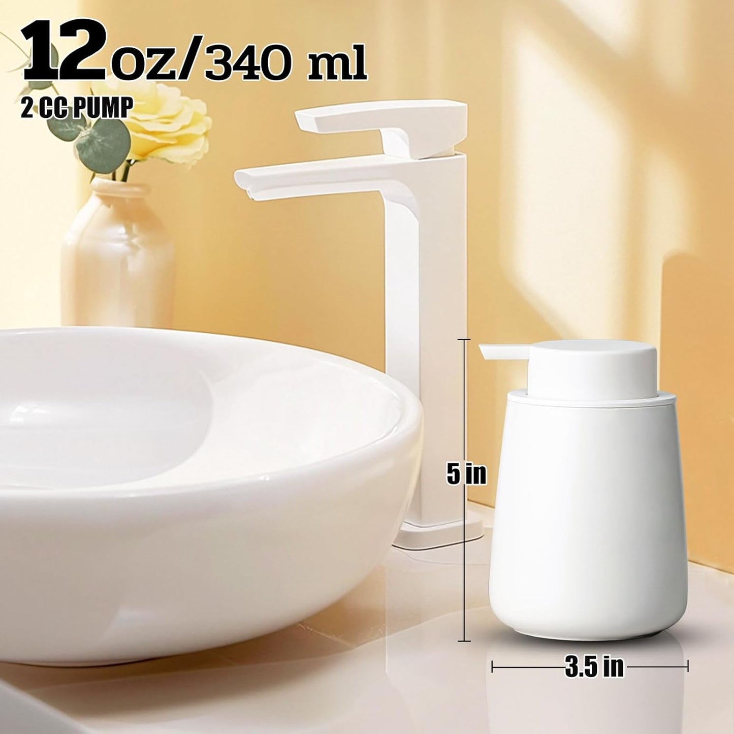 Ceramic Foaming Soap Dispenser, 12 Oz Foam Hand Soap Dispenser for Bathroom, Face Wash Dispenser Bottle with Foaming Pump, Refillable Lotion Dish Soap Foam Dispenser for Kitchen, Matte White