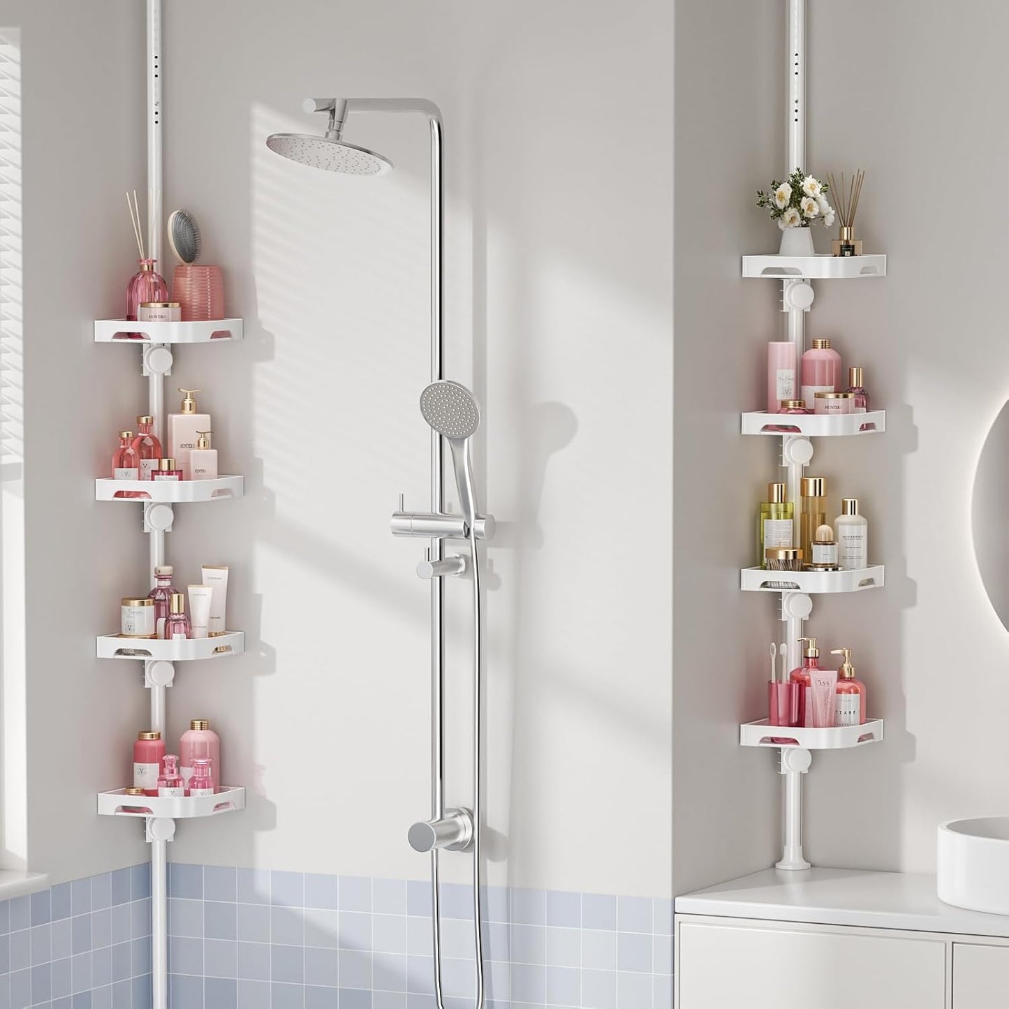 4-Tier Corner Shower Caddy Tension Pole Organizer - Adjustable Rustproof Metal Tension Pole, Plastic Shelves with Safety Guardrail, Bathroom Storage for Shower & Bathtub(White)