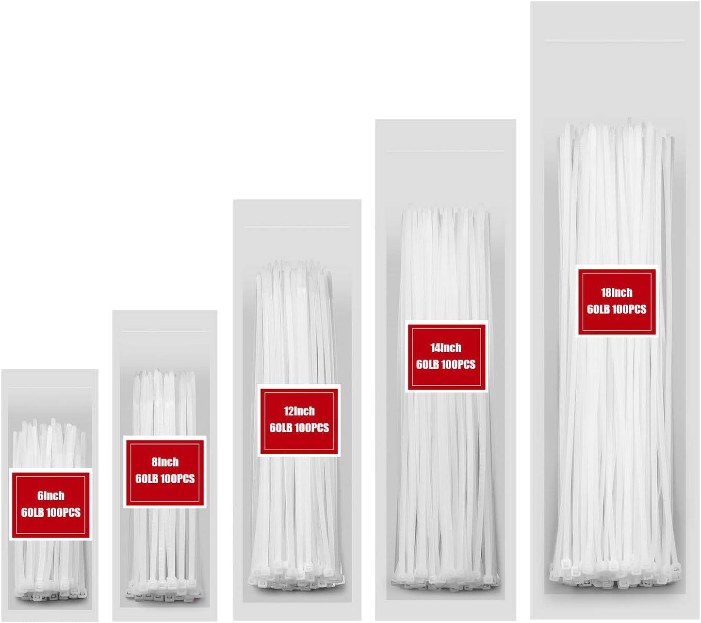 Zip Ties 60 LBS Assorted Size White,6+8+12+14+18 Inch,500PCS Tensile Strength Heavy Duty Cable Wire Ties With Self-Locking Adjustable More Durable Nylon Tie Wraps for Indoor Outdoor