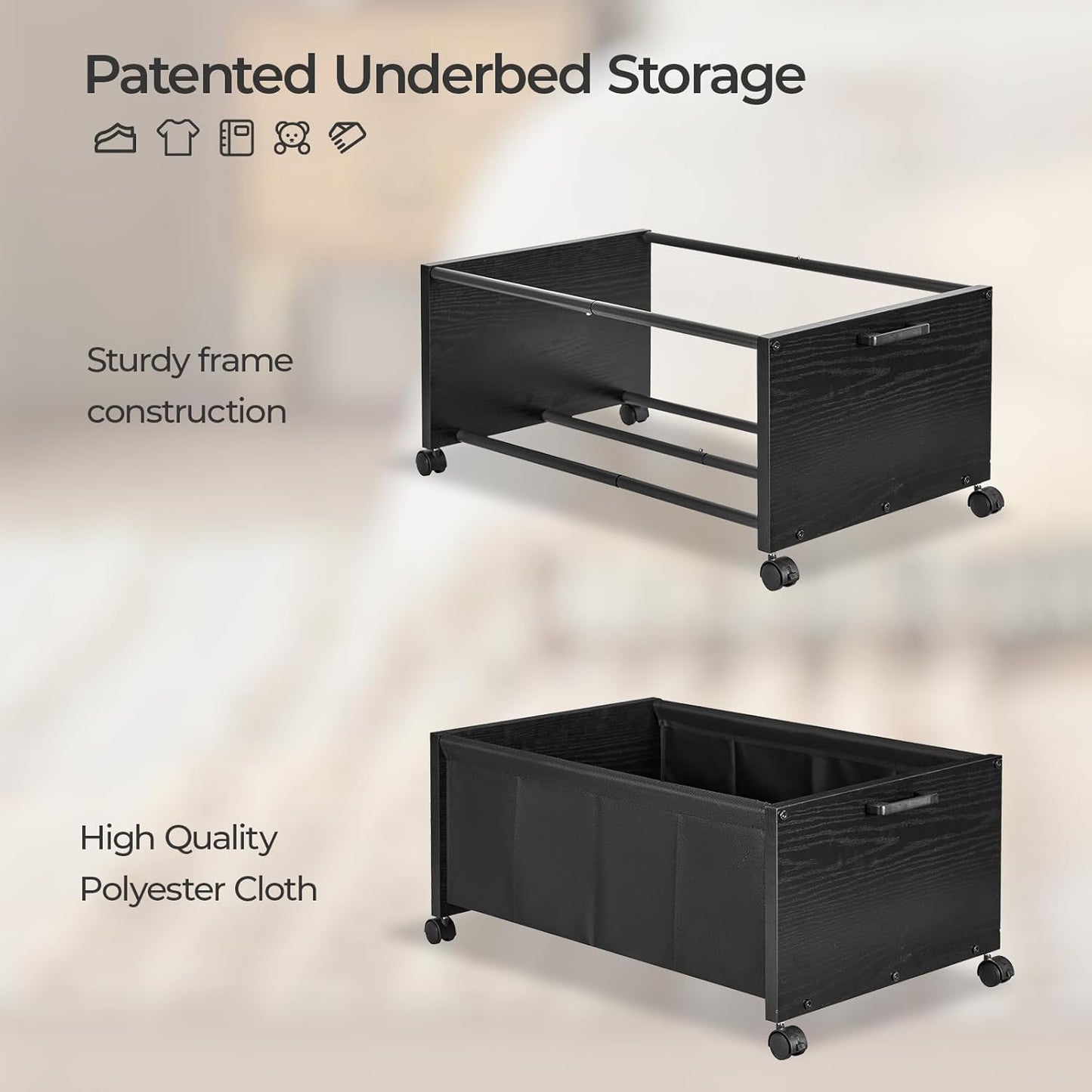 Under Bed Storage with Wheels, Wooden Under Bed Drawers On Wheels, Rolling Under Bed Shoe Storage, Space Saving, Black,70L