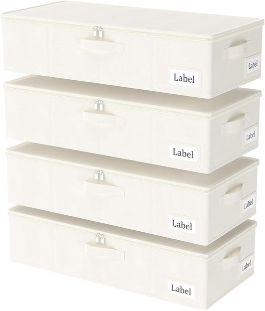 Yawinhe Underbed Bags, Storage Containers Bags with Lid, Foldable Blanket Bins, with Sturdy Zipper und Label Holders, for Clothing, 23.6''Lx11.8''Wx6''H, 4 Pack, Beige