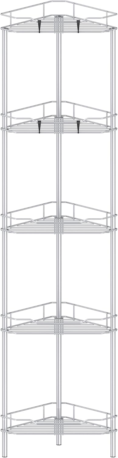 5 Tier Floor Standing Corner Shower Caddy Organizer Shelf with Hooks, Bathroom Shelves Stand Rack, Silver