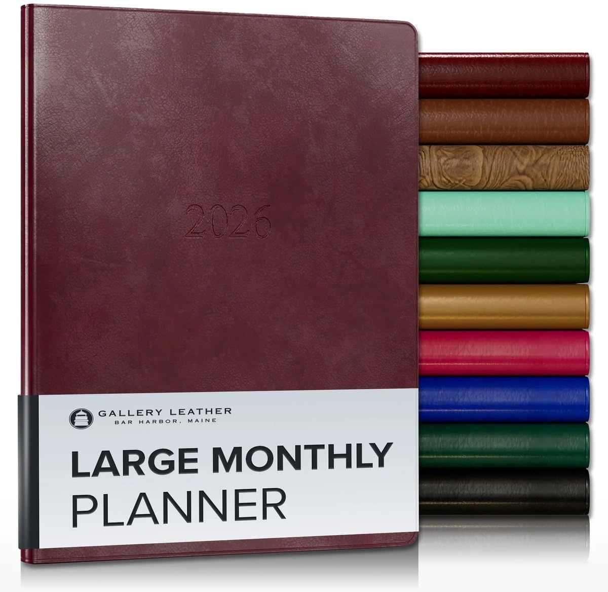 Gallery Leather Large Monthly Planner 2025-2026, Elegantly Bound Calendar Planner and Notebook with Stylish Gold-Gilded Page Edges, 18 Months - Acadia Burgundy - 9.75x7.5"