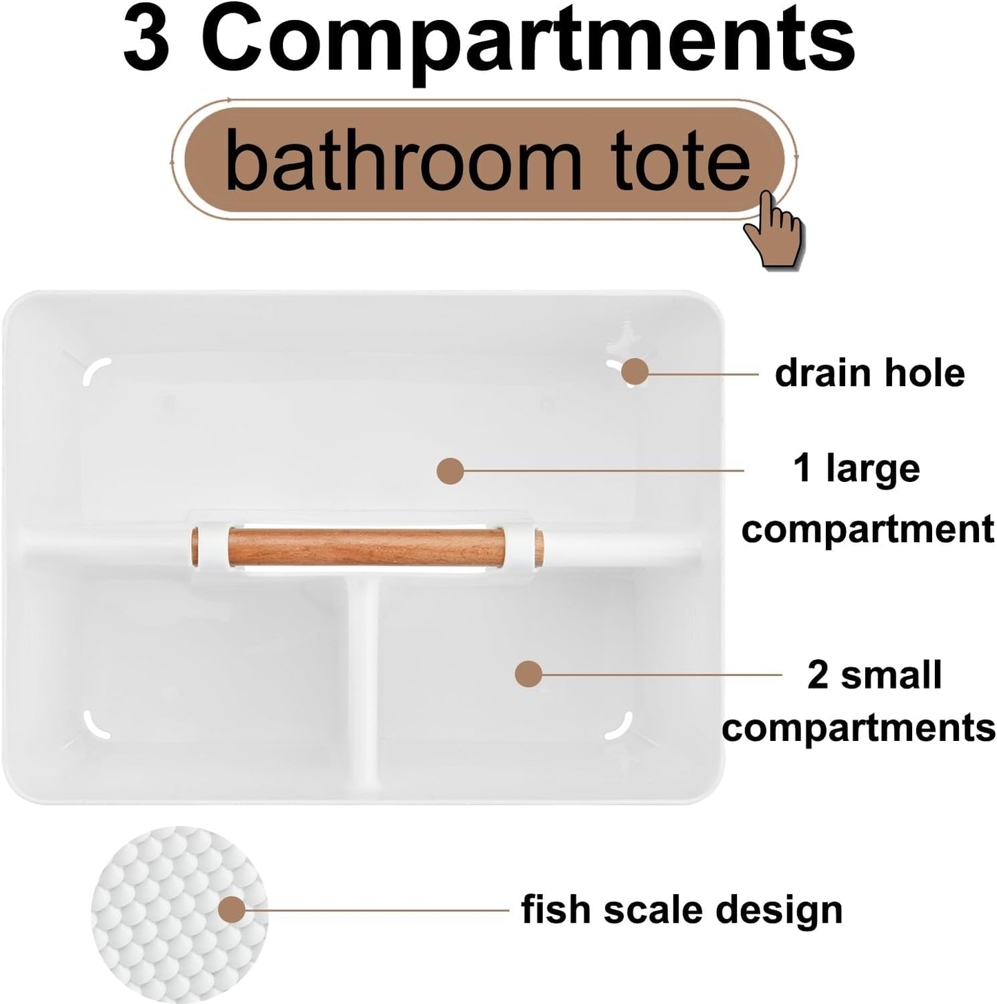 Haundry Plastic White Shower Caddy Basket with 3 Compartments, Portable Divided Bathroom Cleaning Caddy Organizer Storage Tote with Handle for Dorm, College, Room Essentials