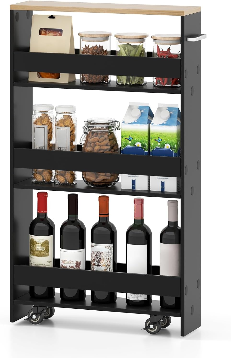 Small Kitchen Cart, 4-Tier Slim Rolling Island w/Handle, Laundry Room Storage Organizers Between Washer and Dryer, Narrow Spice Rack on Wheels Next to Fridge (Black, 5'')