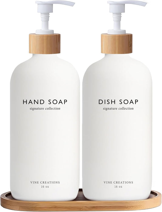 Vine Creations White Glass Soap Dispenser Set, Hand Soap and Dish Soap Dispenser Set with Bamboo Tray, 16 oz Glass Dispensers Bottle for Kitchen and Bathroom Decor Modern Boho with Bamboo Pump (White)