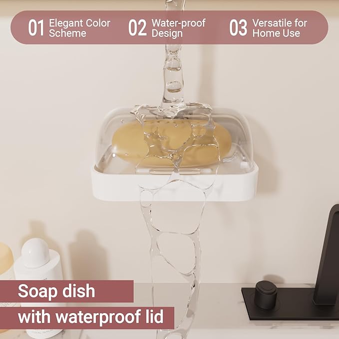 Wall Mounted Soap Holder - Set of 2, White Plastic with Clear Cover, Water Collection Tray, Bar Soap Dish Container Caddy with Lid for Bathroom, Shower, Kitchen Sink, Sponge Storage