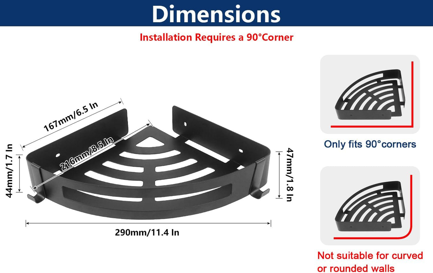 NearMoon Bathroom Shower Caddy 2 Pack, No Drill 304 Stainless Steel Shower Organizer with 2 Hooks (Corner Shelf, Matte Black)
