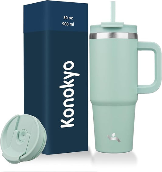 30 oz Tumbler with Handle and 2 Straws,2 in 1 Lid Insulated Water Bottle Stainless Steel Travel Coffee Mug,Retro Green