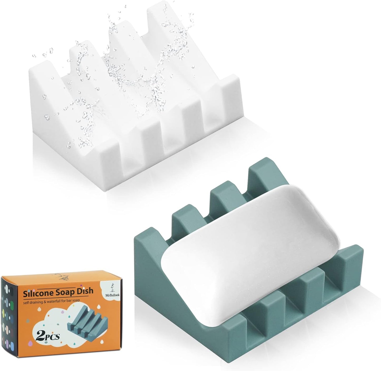 Silicone Soap Dish for Bar Soap Holder for Shower Bathroom Self Draining Waterfall Drying Tray Keep Soap Bars Dry Clean & Easy Cleaning (White/Green, 2)