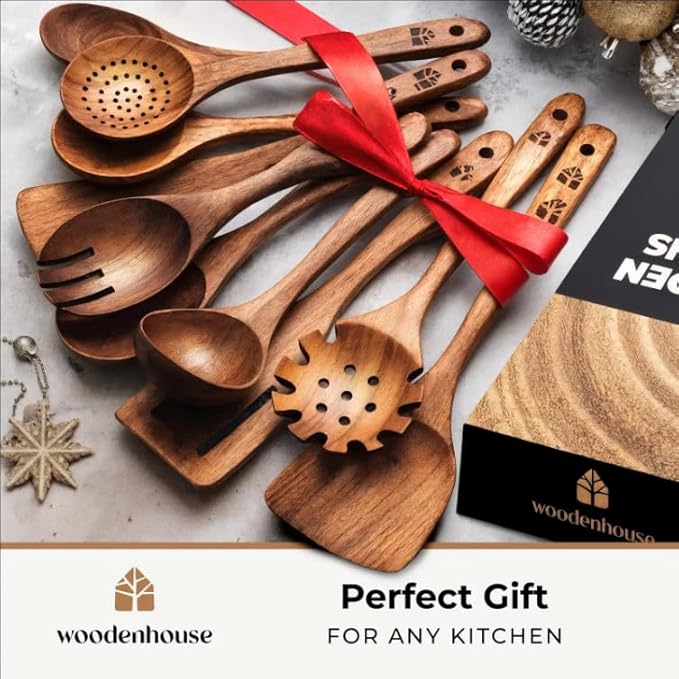 Wooden Spoons for Cooking – 10 Pc Teak Wood Utensil Set, Durable, Nonstick Safe & Heat Resistant with Ergonomic Handles - Unique Kitchen Gifts for Women Men, Cooking Gifts for Men Women