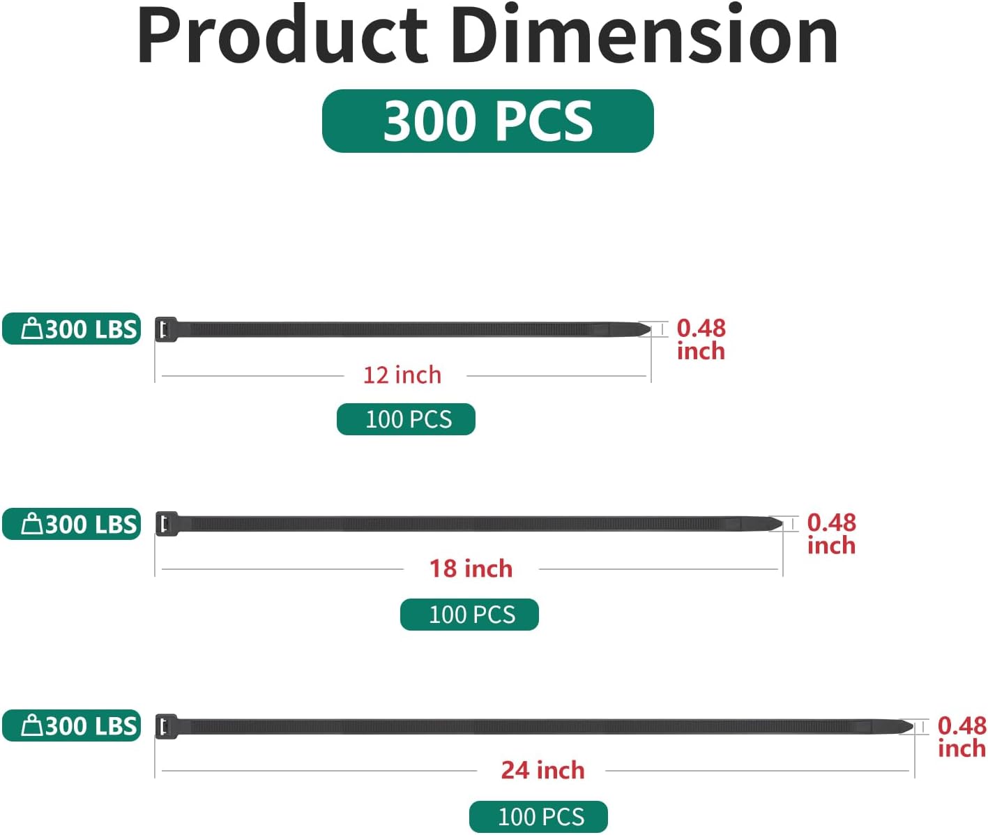 Zip Ties Assorted Sizes 300 Pack,12+14+18 Inch, 300LBS Tensile Strength Heavy Duty Self-locking Nylon Black Cable ties for Indoor Outdoor