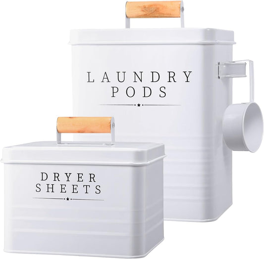 2 Pcs Laundry Pod Container with Dryer Sheet Holder Farmhouse Laundry Room Decor Organization and Storage Detergent Container Box with Lid Handle Metal Dryer Sheet Dispenser(White)