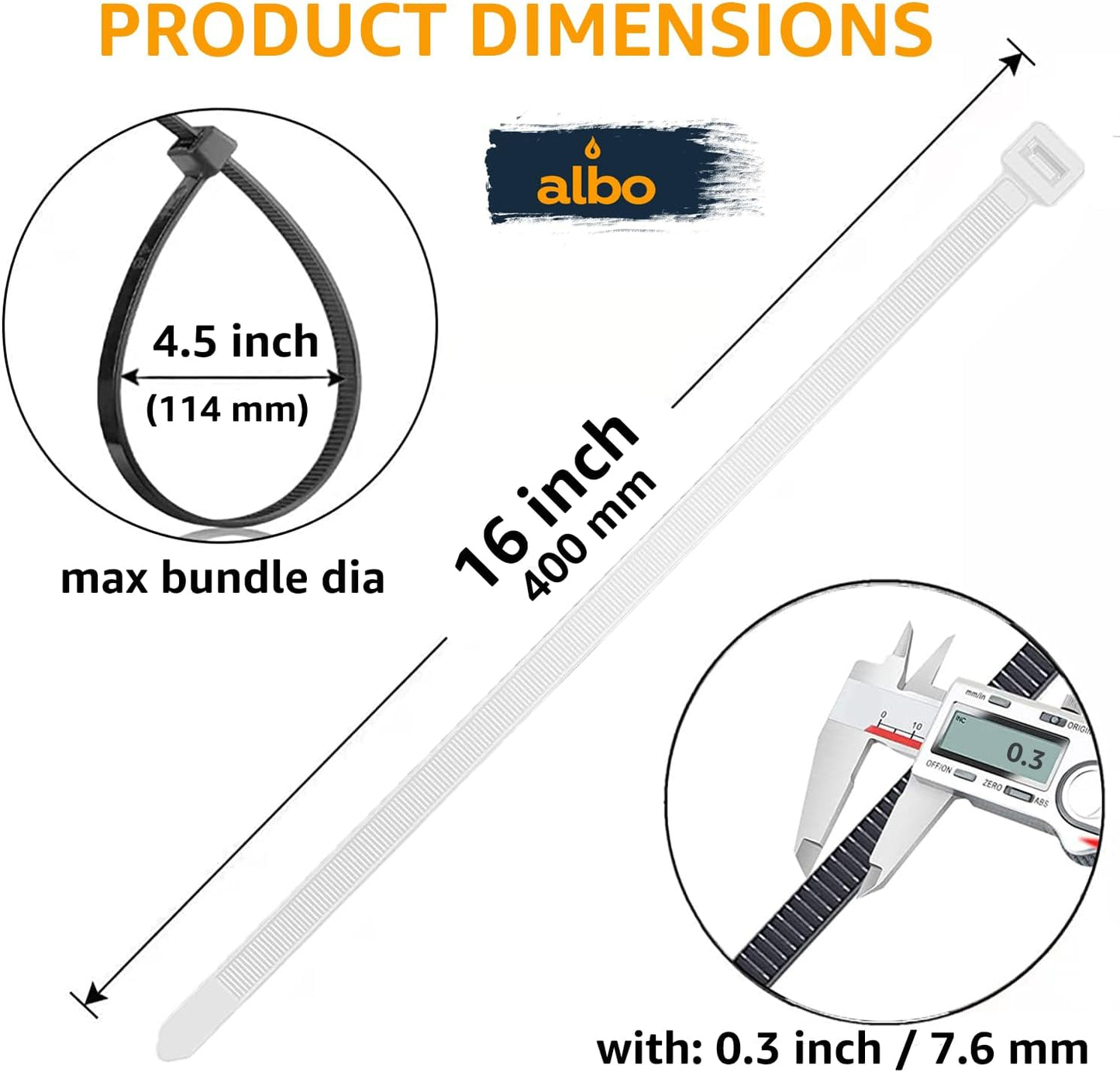 ALBO White Zip Ties Heavy Duty 16 Inch Long 120lb - 100 Pack Plastic Cable Ties 0.3 Inch Thick UV Resistant Tie Wraps for Indoor and Outdoor Use