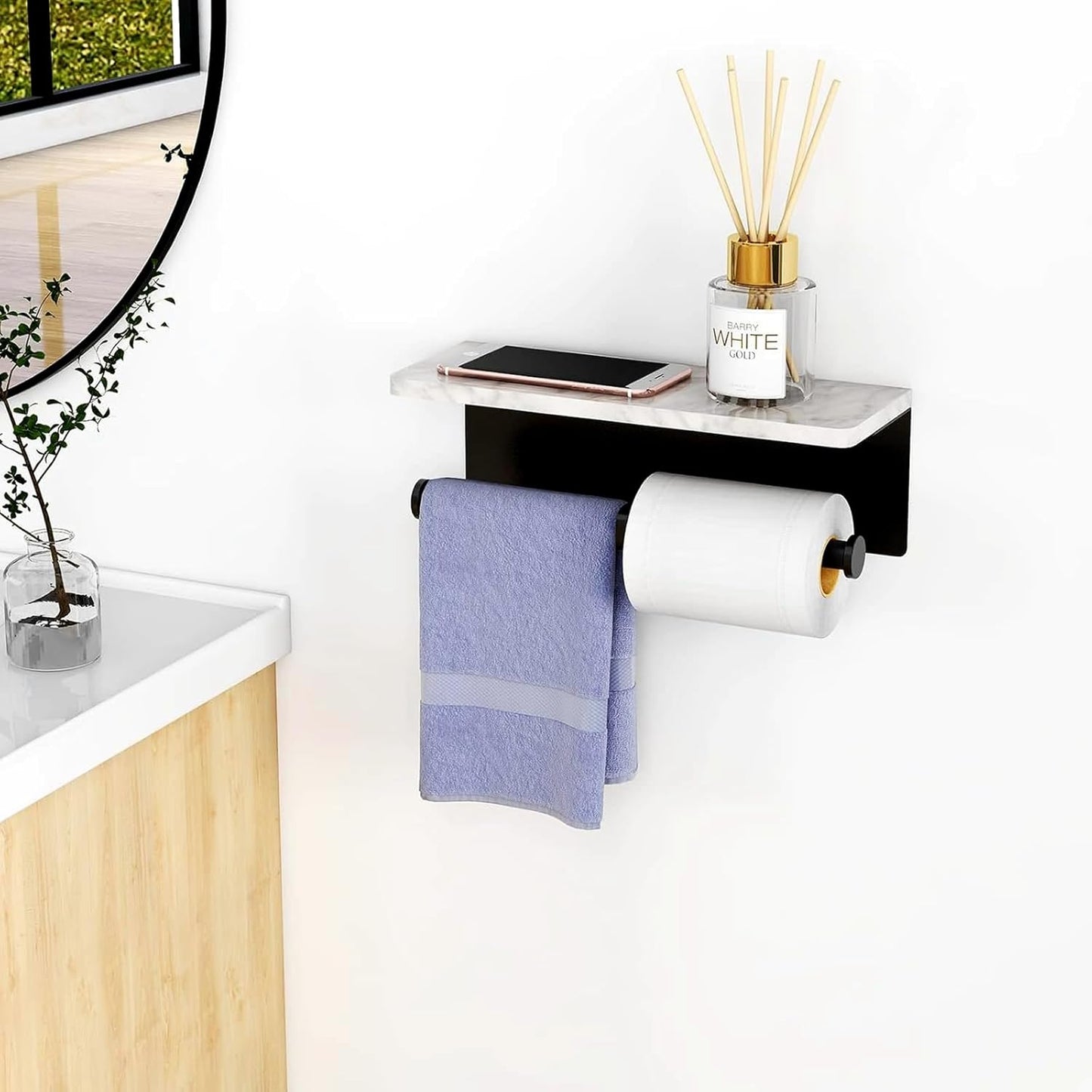 Toilet Paper Holder with Natural Marble Shelf for Bathroom Washroom,Wall Mounted Tissue Holder Suitable for Mega Roll (Matte Black, Large 11.8 * 4.7)