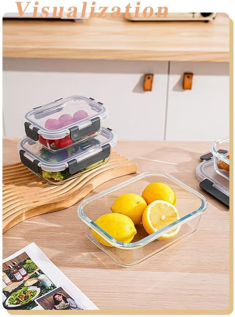 [6-piece set] Glass food preparation and storage containers with lids that provide a good seal. Glass lunch boxes that are microwave, oven, freezer, dishwasher safe. (Rectangle)