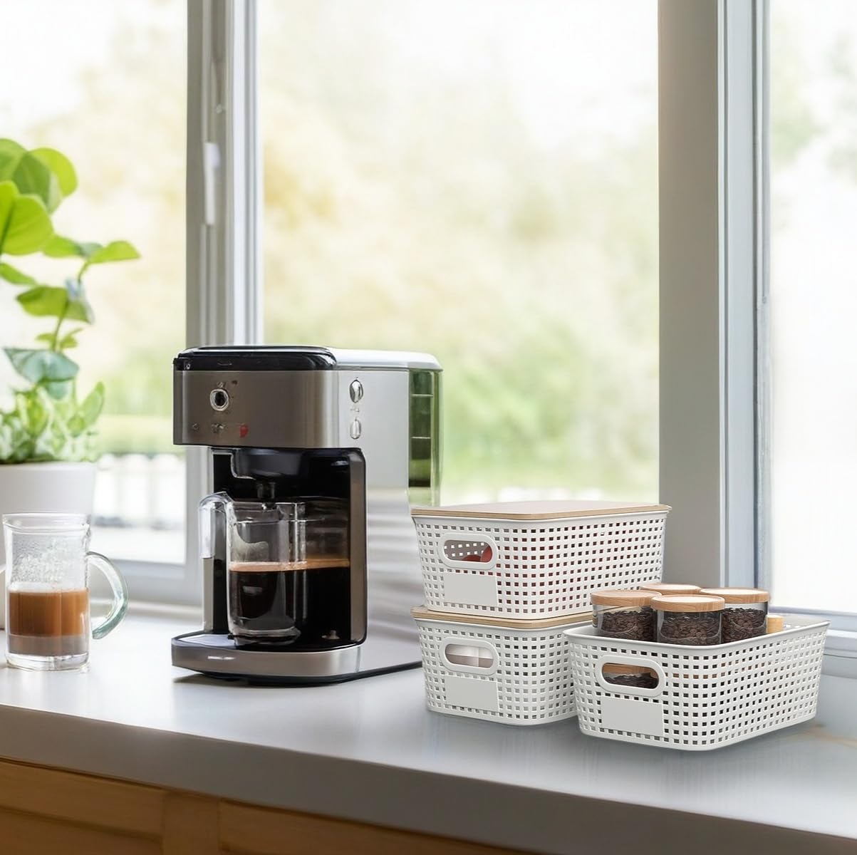 Small Plastic Storage Bins with Bamboo Lid - Plastic Storage Container with Lid - Stackable storage baskets for organizing: Storage box for Drawers Office Closet Shelf Organizing,10x7x4 In-White-6 Pcs