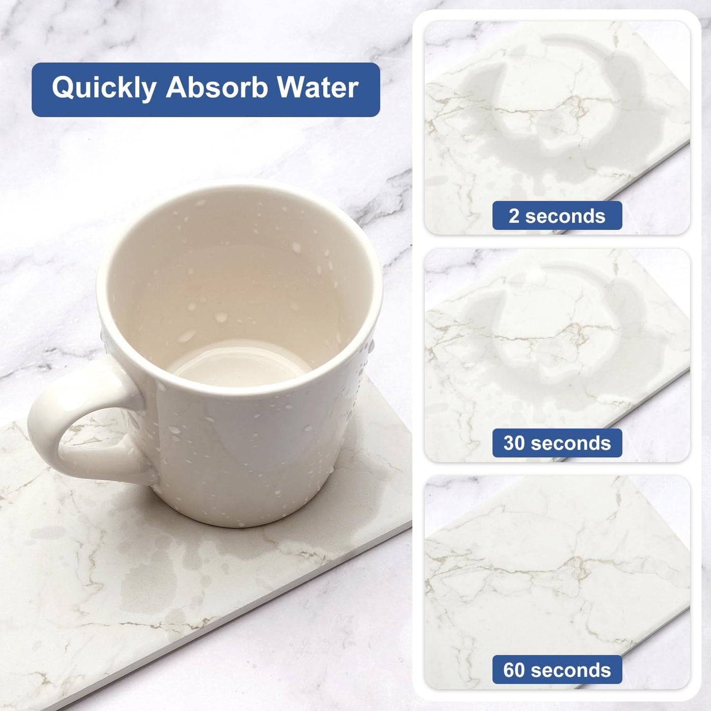 2 Pcs Water Absorbing Stone Drying Trays for Bathroom Sink Kitchen Counter Soap Dish Dispenser Sponge Holder White Ceramic Bathroom Vanity Quick Dry Stone Mat for Kitchen Sink Marble Diatomite Tray