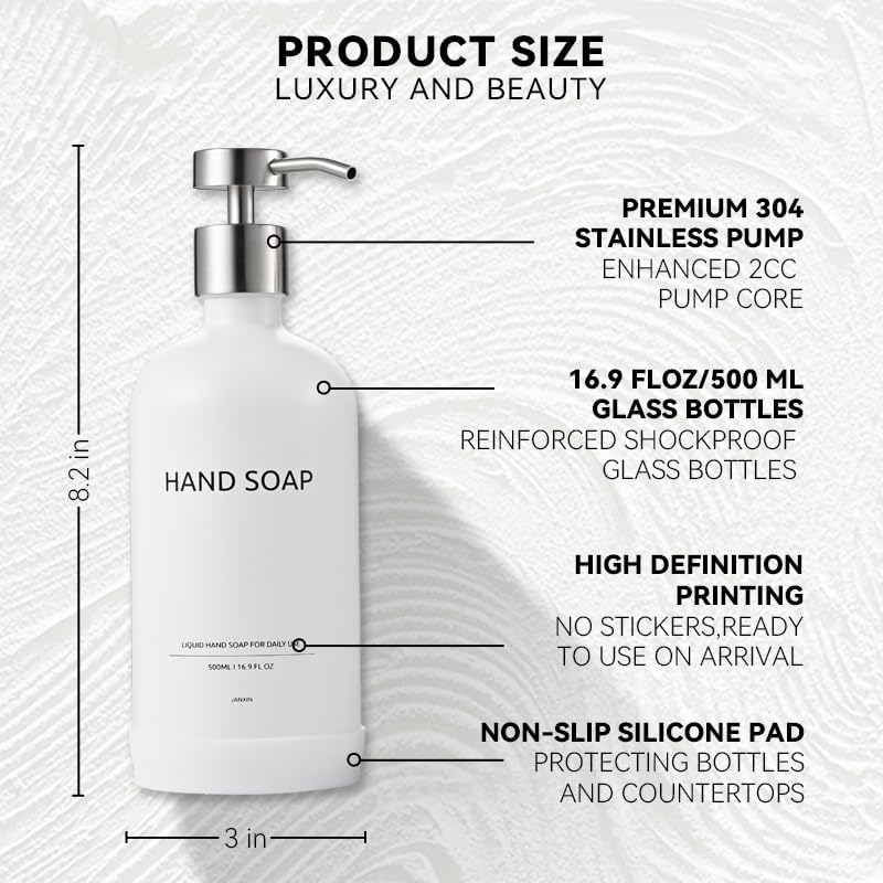 Kitchen Soap Dispenser Set with Non-Slip Protective Silicone Pad,Hand Soap Dispenser for Kitchen and Bathroom Decor, White and Silver Kitchen Accessories (White Bottles + Silver Pumps)