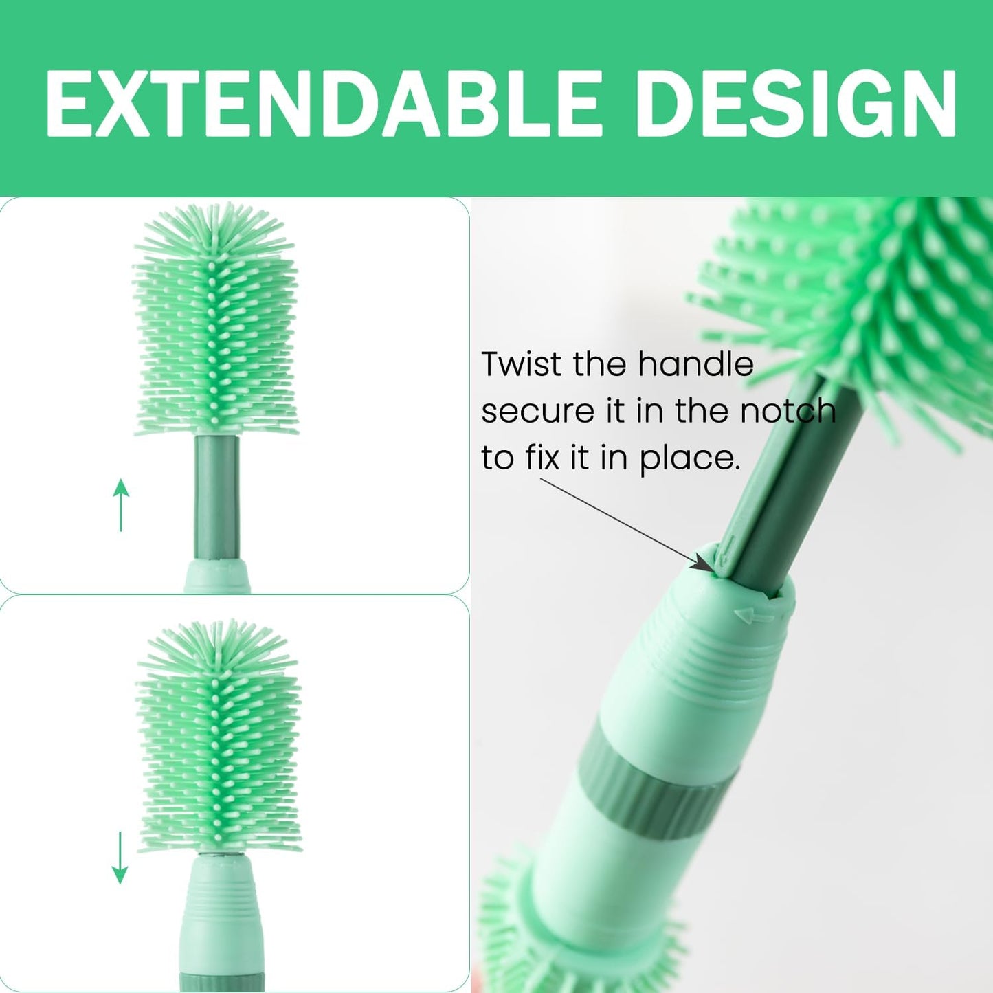 Travel Bottle Brush, 6-in-1 Portable Travel Bottle Cleaner Kit with Small Bottle Brush Built in Drying Rack, Nipple Brush, Straw Brush, Soap Dispenser, for Baby Bottles Under 8 OZ, BPA-Free(Green)